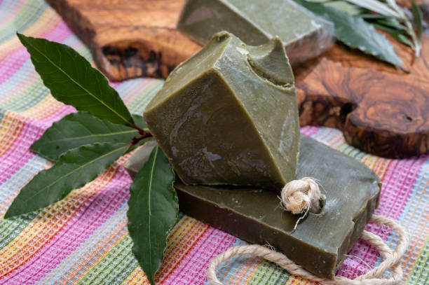 istock Blocks of handmade bio vegetal laurel bay leaf soap 1280040235