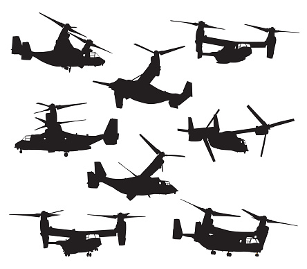 Vector silhouettes of Osprey helicopters.