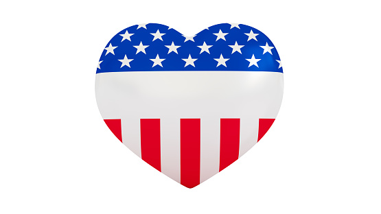 Heart shape with space for text and american flag texture isolated on the white background. Voting rights and elections 3d illustration. USA Vote icon.