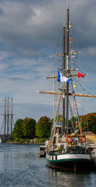 istock Vertical frame of two tall ships moored at port on the St. Lawrence River under a cloudy sky 1280042533