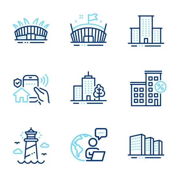 Vector illustration of Buildings icons set. Included icon as Loan house, Buildings, Lighthouse signs. Vector