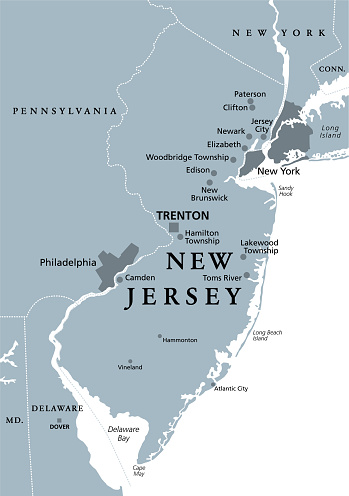 New Jersey, NJ, gray political map with capital Trenton. State in the Mid-Atlantic region of the Northeastern United States of America. The Garden State. Illustration on white background. Vector.