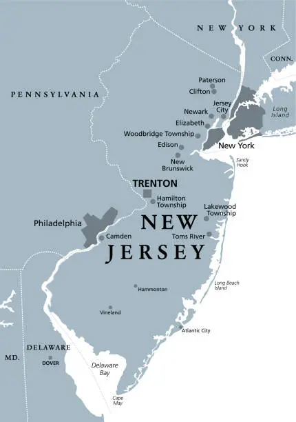 Vector illustration of New Jersey, NJ, gray political map, The Garden State