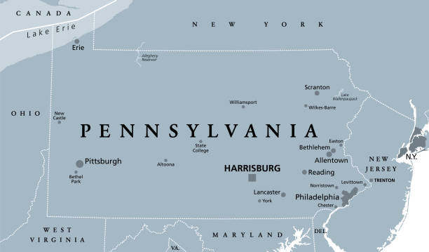 Pennsylvania, PA, gray political map, Keystone State, Quaker State. Pennsylvania, PA, gray political map. The Commonwealth of Pennsylvania, a state in the Northeastern United States of America with capital Harrisburg. Keystone State. Quaker State. Illustration. Vector maryland state colors stock illustrations