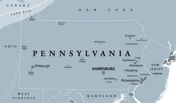 Vector illustration of Pennsylvania, PA, gray political map, Keystone State, Quaker State.