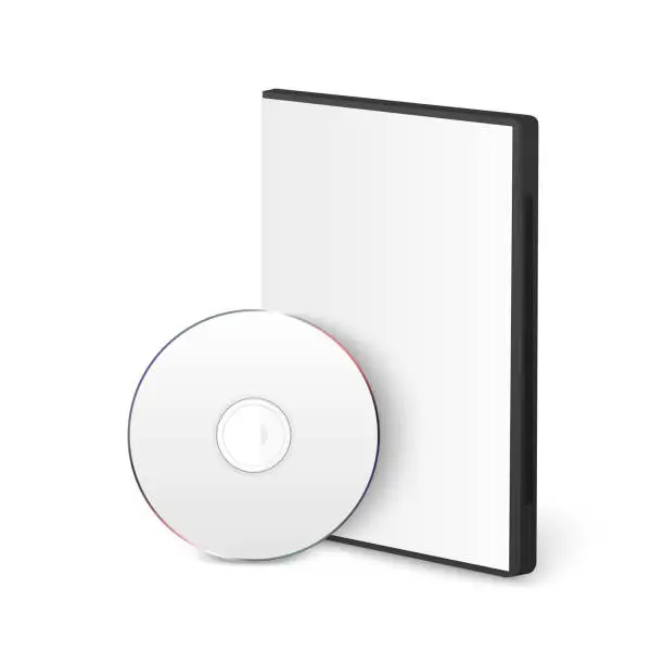 Vector illustration of Vector 3d Realistic Blank White CD, DVD with Cover Case Box Set Closeup Isolated on White Background. Design Template. CD Packaging Copy Space. Front View