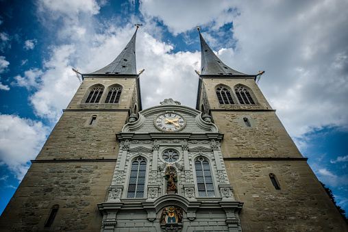 Low Angle View Of Cathedral Of St. Leodegar In Lucerne, Switzerland