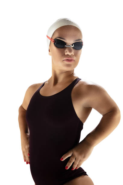 istock Beautiful dwarf woman practicing in swimming isolated on white background 1280049830
