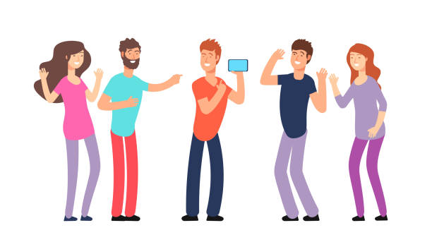 Friends laughing. People laughing together. Friendly fun conversation and joke vector concept Friends laughing. People laughing together. Friendly fun conversation and joke vector concept. Illustration of friendship laughing, group together people man and woman friends laughing stock illustrations