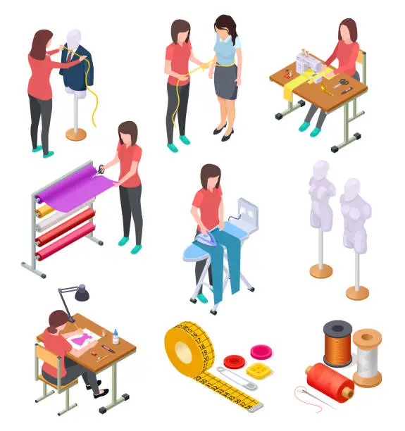 Vector illustration of Sewing factory isometric set. Textile clothing manufacturing with workers and machinery. Industrial sewing 3d collection