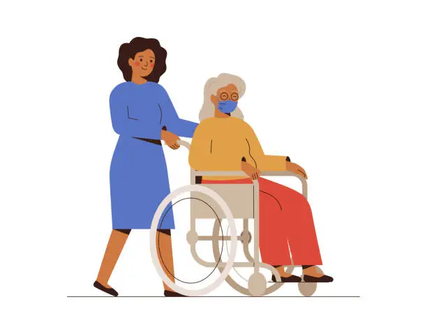 Vector illustration of Nurse or social worker helps the elderly disabled patient and drives her in a wheelchair. A young female volunteer is taking care of a senior woman.