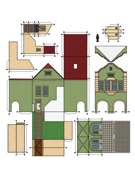 The paper model of a town house The vectorized hand drawing of an paper model of the old green town burger house cloister stock illustrations