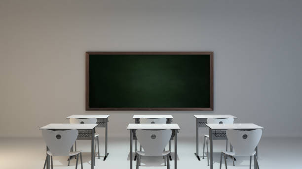 istock empty modern classroom concept with white desk, chair and green blackboard 3D rendering 1280056542