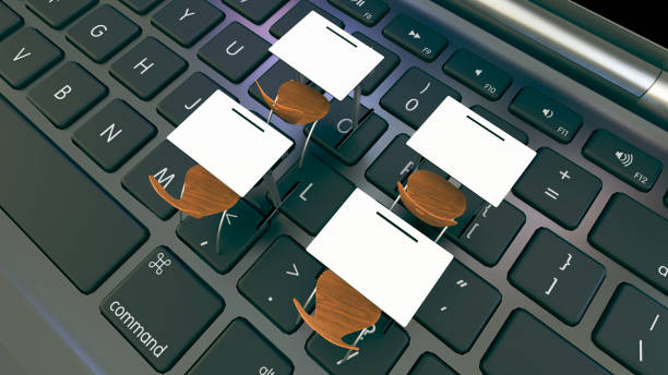 istock Digital classroom concept for online education. modern classroom desks on the keyboard 3D rendering 1280056546