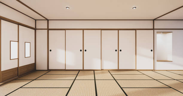 innen leere zimmer japan stil. 3d-rendering - tatami matte stock-fotos und bilder