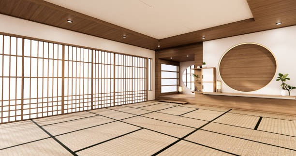 istock the circle wall design room Japanese - zen style,minimal designs. 3D rendering 1280057479