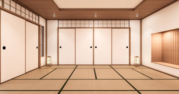 istock Empty yoga room inteior with tatami mat floor.3D rendering 1280058231