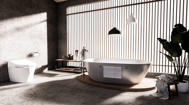 istock The Bath and toilet on bathroom zen style .3D rendering 1280058326