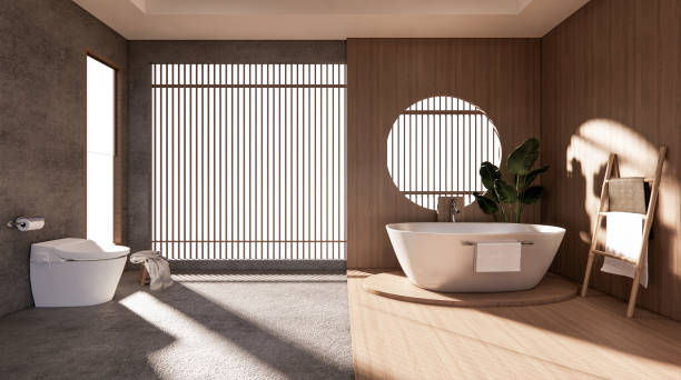 istock The Bath and toilet on bathroom zen style .3D rendering 1280058411