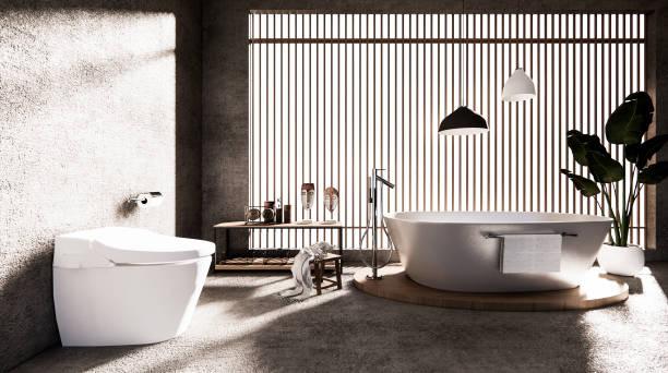 istock The Bath and toilet on bathroom zen style .3D rendering 1280058572