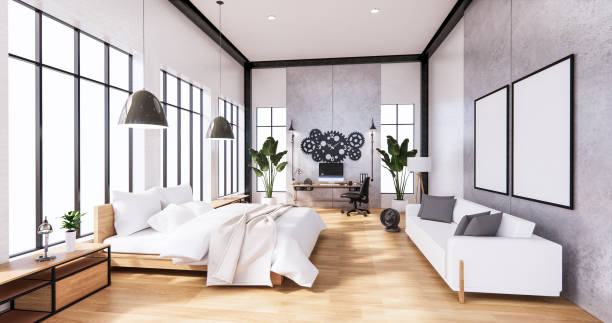 istock The Loft style Bedroom interior ,Computer, office tool on desk, sofa. 3D rendering 1280058641