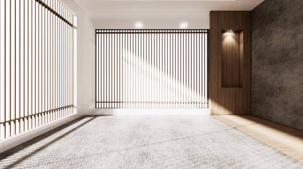 pusty pokój japoński styl i lampa w dół światła na półce ściany drewniany projekt.3d renderowania - loft apartment window indoors domestic room zdjęcia i obrazy z banku zdjęć