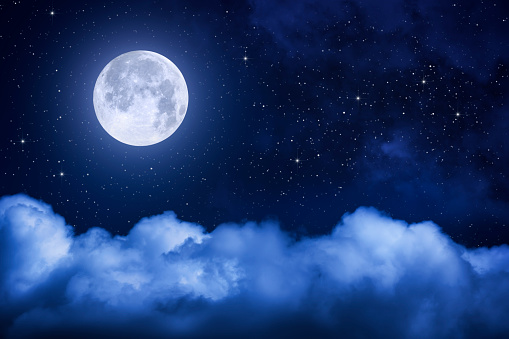 Night sky with full moon, clouds and stars