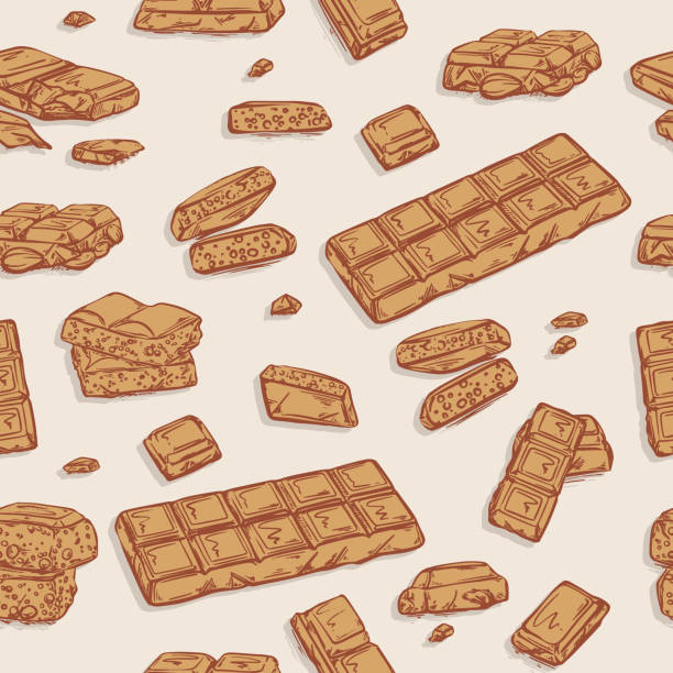 ilustrações de stock, clip art, desenhos animados e ícones de chocolate bar sketch hand-drawn design. milk dessert tasty sweets  seamless pattern, cacao repeat snack drawing in brown color - dark chocolate audio