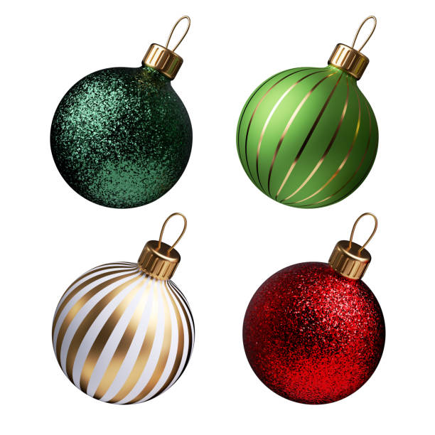 rendu 3d, ensemble d’ornements traditionnels de boule de verre vert rouge pour la décoration d’arbre de noël, clipart de vacances isolés sur le fond blanc - color image christmas tree decoration photos et images de collection