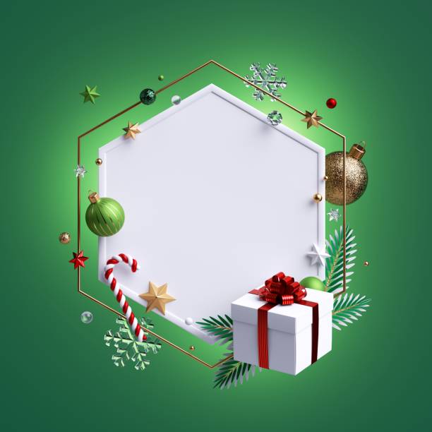 istock 3d render, Christmas greeting card mockup. White hexagonal frame with copy space, decorated with glass balls, festive ornaments, wrapped gift box, candy cane, snow flakes; isolated on green background 1280059709