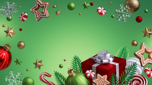 istock 3d render, abstract Christmas green background with red wrapped gift box, glass balls, gingerbread cookies and festive ornaments. 1280059723