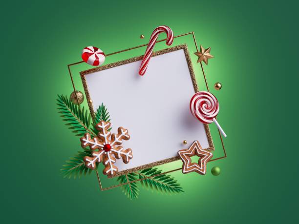 istock 3d render, Christmas greeting card blank mockup. White square frame with copy space, decorated with festive ornaments, candy cane, gingerbread cookies; isolated on green background 1280060241