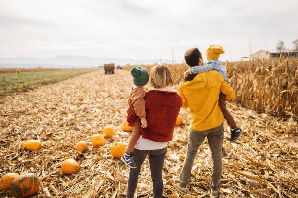 istock Young family on a pumpkin field 1280064826