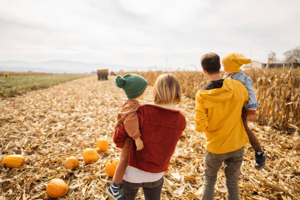 istock Young family on a pumpkin field 1280065557