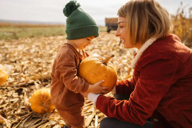 Photo of a young mother and her son collecting pumpkins on a pumpkin patch; family on a Halloween pumpkin patch adventure.
