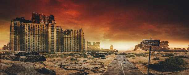 Post apocalyptic background image of desert city wasteland. Evening post apocalyptic background image of desert city wasteland with abandoned and destroyed buidings, cracked road and sign. apocalypse photos stock pictures, royalty-free photos & images