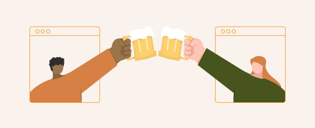 a man and a woman have a online party toasting beer glass on online media from distancing illustration vector a man and a woman have a online party toasting beer glass on online media from distancing illustration vector close to illustrations stock illustrations