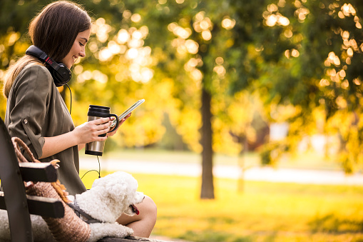 Copy space shot of happy young woman smiling while texting with friends. She is sitting on a park bench with her adorable little dog and they are taking a break from walking.