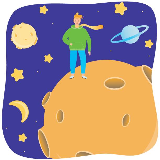 istock Boy on empty planet, stars and space around, flat vector stock illustration with modern little prince in sweatshirt with scarf and crown 1280077116