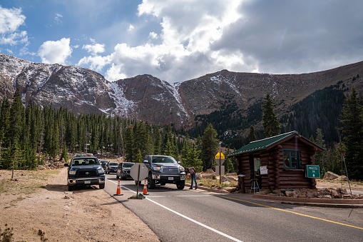 Colorado, USA - September 15, 2020: Brake check area for all vehicles driving down from the Pikes Peak summit, ensures safety on the steep mountain pass