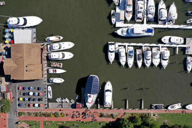 istock Boat docks seen directly from above. A top down view 1280081745