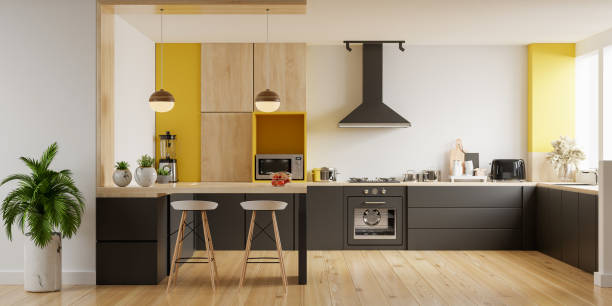 istock Modern kitchen interior with furniture.Stylish kitchen interior with yellow wall. 1280082349
