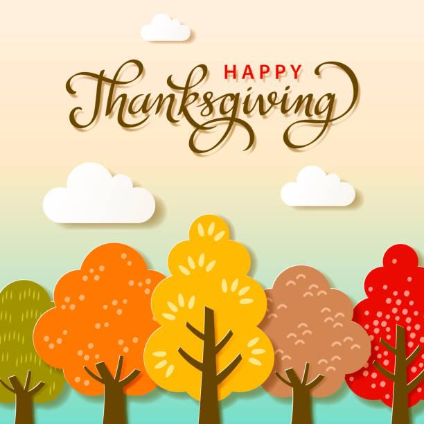 Thanksgiving Autumn Trees Paper craft of autumn scenery with trees and cloud for celebrating Thanksgiving Day thanksgiving holiday silhouettes stock illustrations