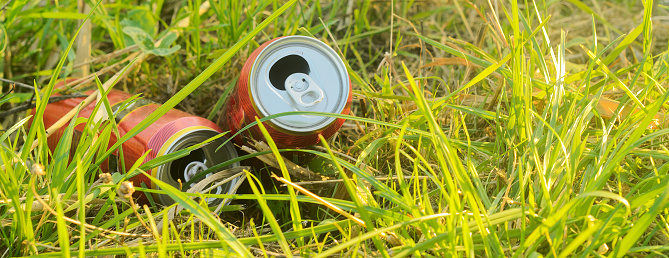 Two empty metal drink cans are lying in the grass.Environmental pollution.Selected focus, focus on right can
