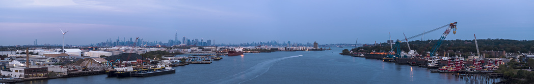 Aerial views of the commercial docs near Bayonne, New Jersey, with New York City in the background.