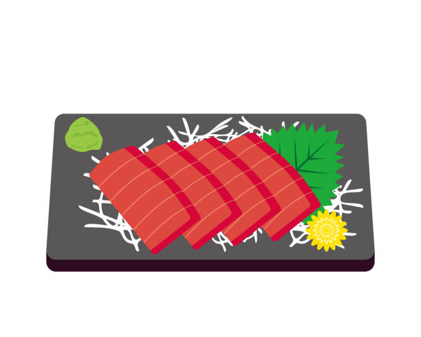 ilustraciones, imágenes clip art, dibujos animados e iconos de stock de ilustración vectorial de sashimi de atún. pescado crudo - sashimi