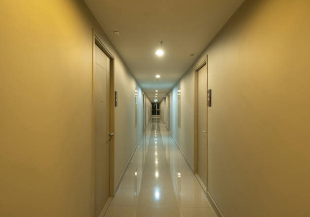 istock Empty condo, hotel or apartment corridor hall way in condominium building, modern interior design decoration room. Walkway 1280089427
