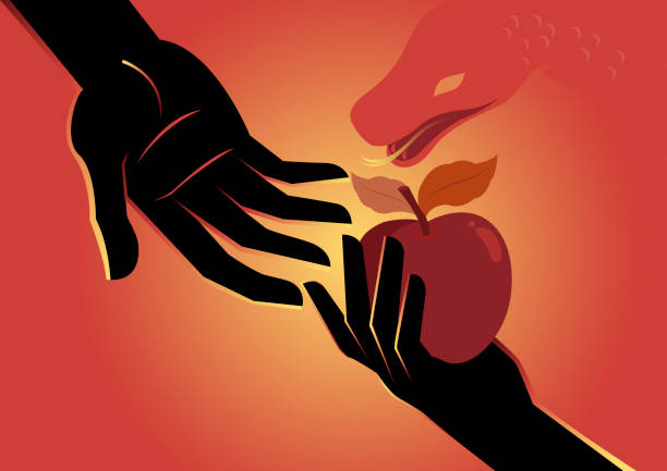 ilustraciones, imágenes clip art, dibujos animados e iconos de stock de eva ofreciendo manzana a adán - apple sign food silhouette