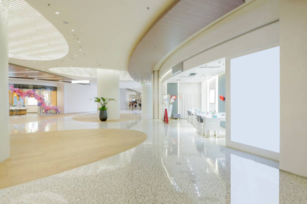 istock Hall of modern shopping mall with storefronts. 1280091854