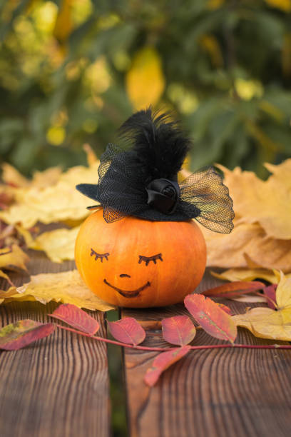 istock Pumpkin dressed in a black hat on autumn leaves on a wooden table. 1280092674